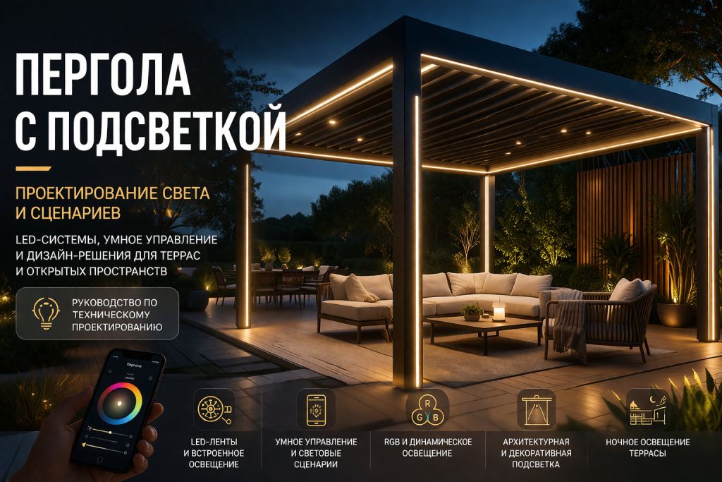 Подсветка и освещение биоклиматической перголы: LED-системы, умное управление, дизайн-решения